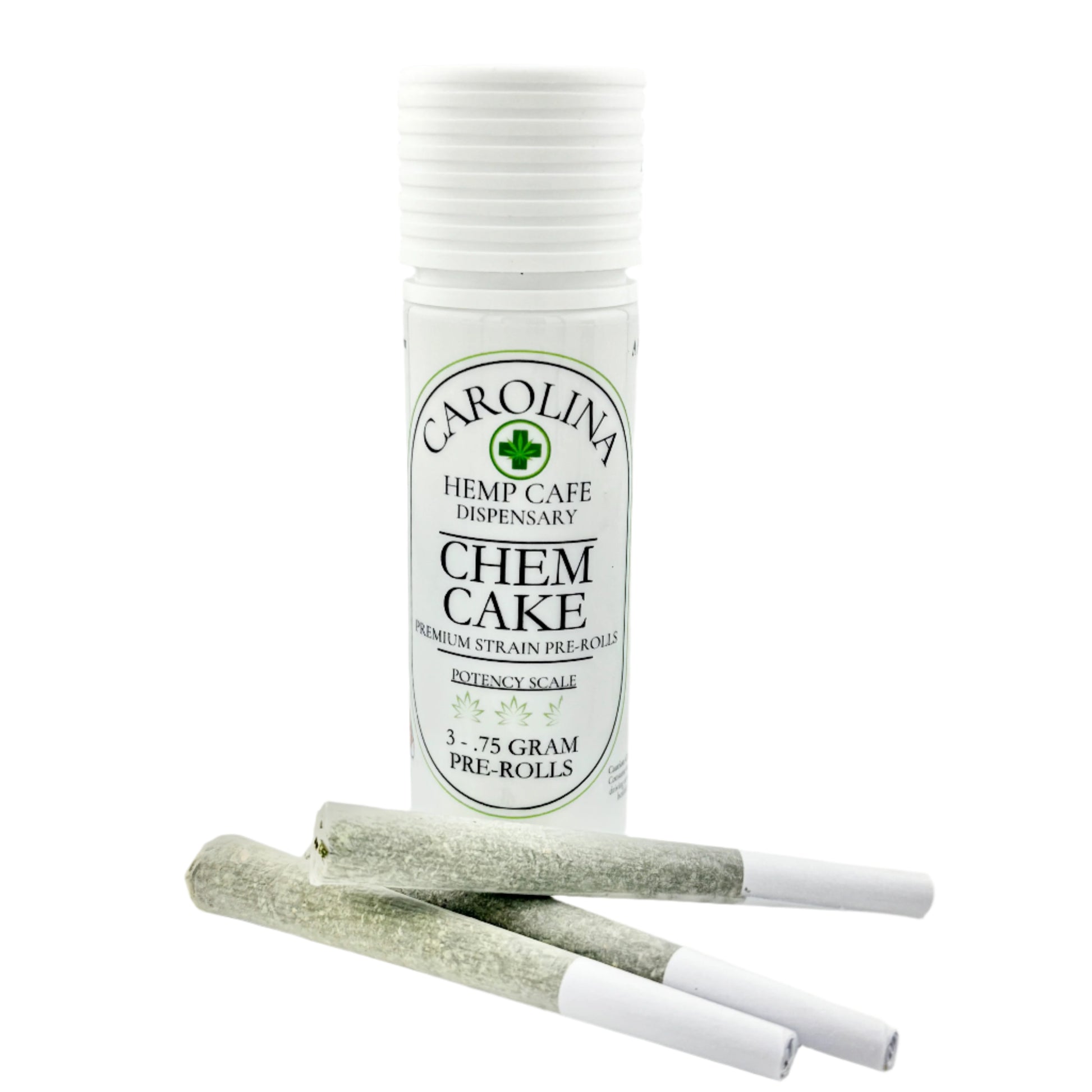 White cylinder Jar by Carolina Hemp Cafe with 3 pre-rolls laying in front of it.  Label says Chem Cake