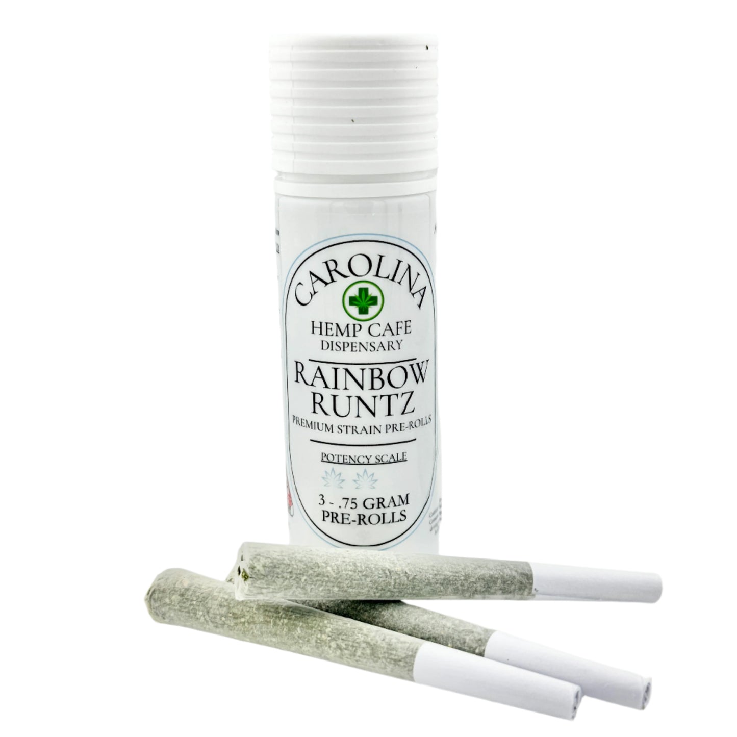 White cylinder Jar by Carolina Hemp Cafe with 3 pre-rolls laying in front of it.  Label says Rainbow Runtz