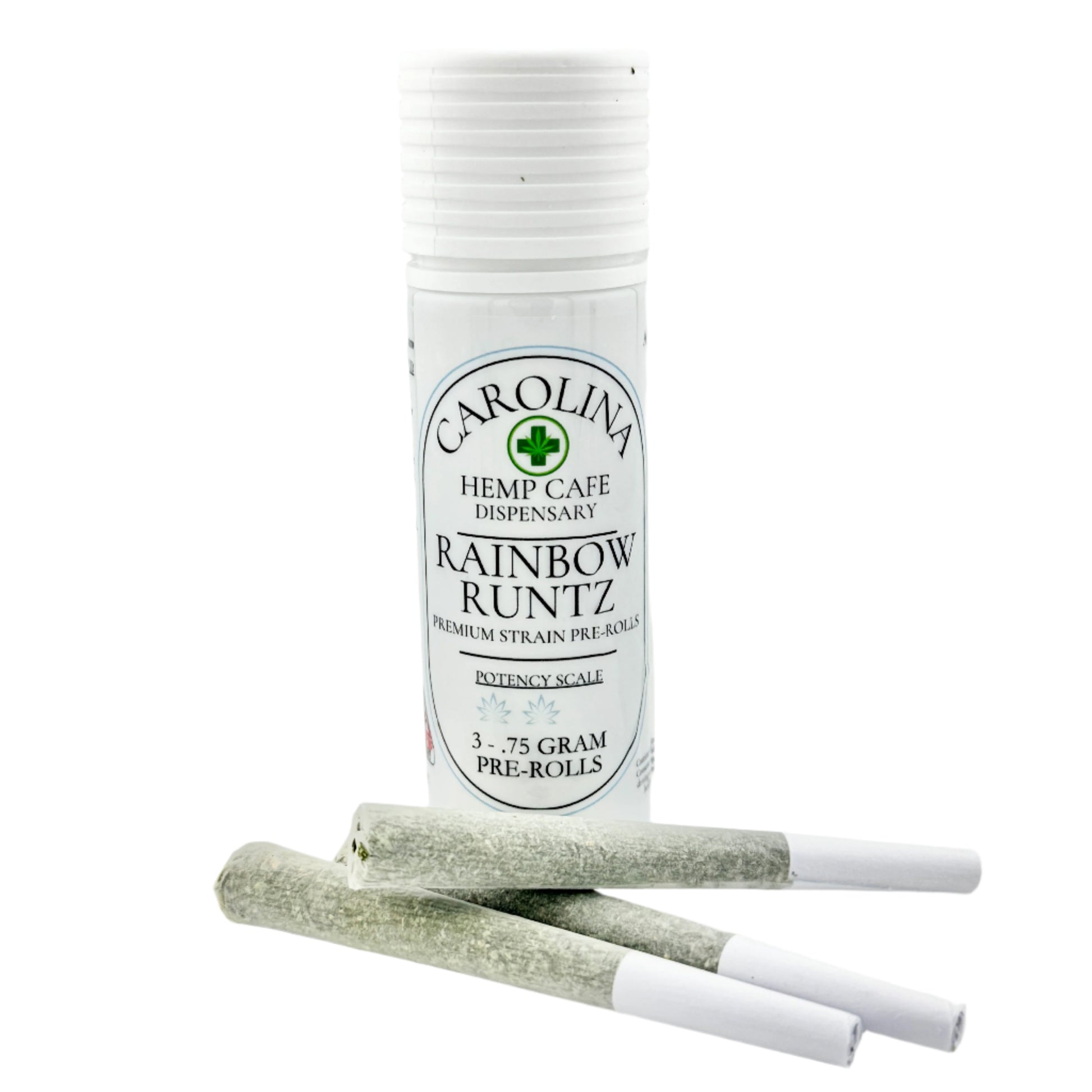 White cylinder Jar by Carolina Hemp Cafe with 3 pre-rolls laying in front of it.  Label says Rainbow Runtz