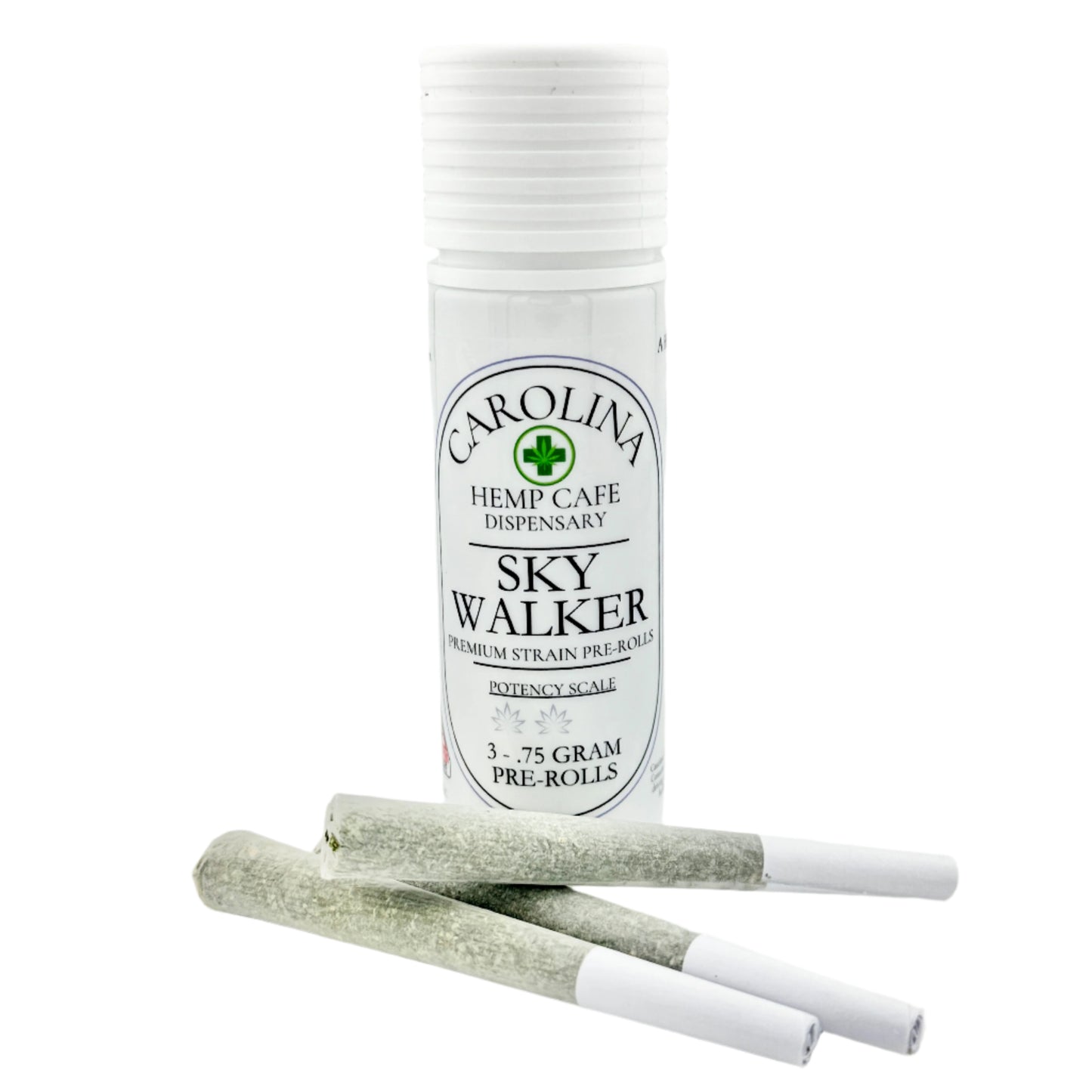 White cylinder Jar by Carolina Hemp Cafe with 3 pre-rolls laying in front of it.  Label says Sky Walker