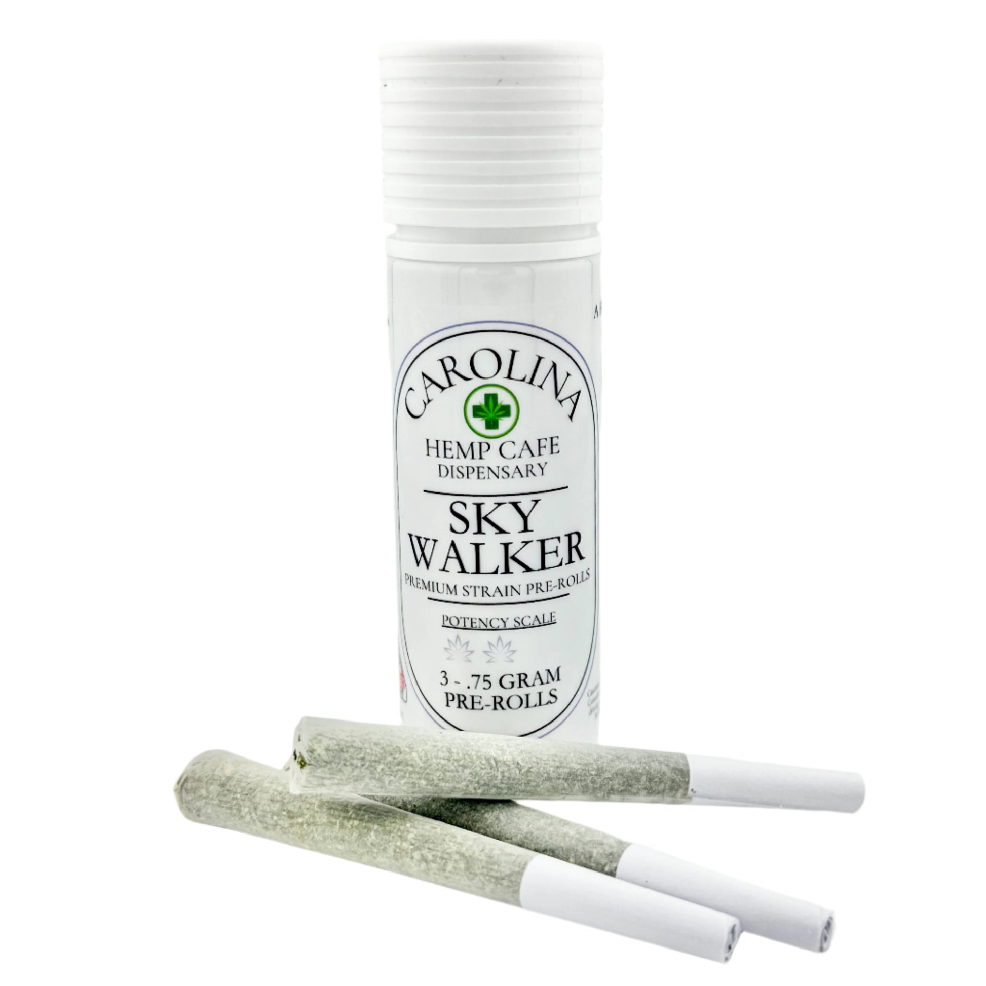White cylinder Jar by Carolina Hemp Cafe with 3 pre-rolls laying in front of it.  Label says Sky Walker