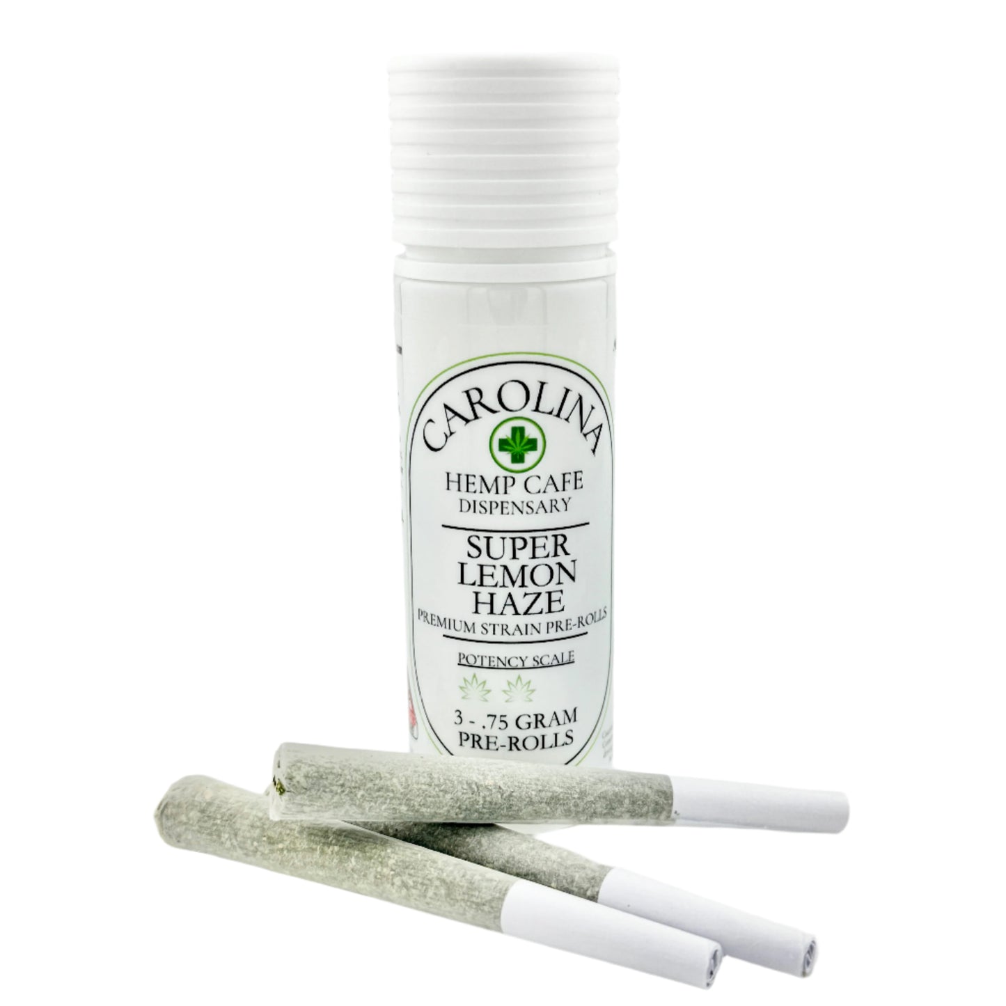 White cylinder Jar by Carolina Hemp Cafe with 3 pre-rolls laying in front of it.  Label says Super Lemon Haze