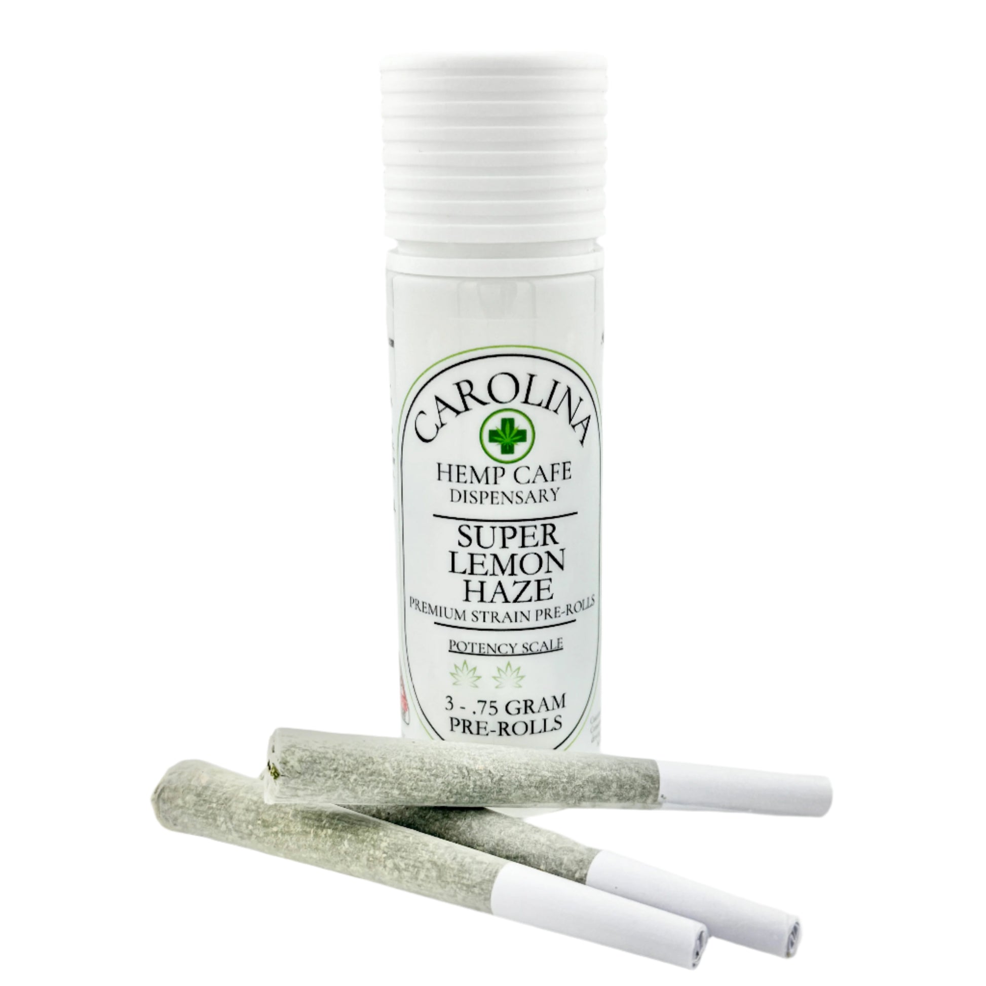 White cylinder Jar by Carolina Hemp Cafe with 3 pre-rolls laying in front of it.  Label says Super Lemon Haze