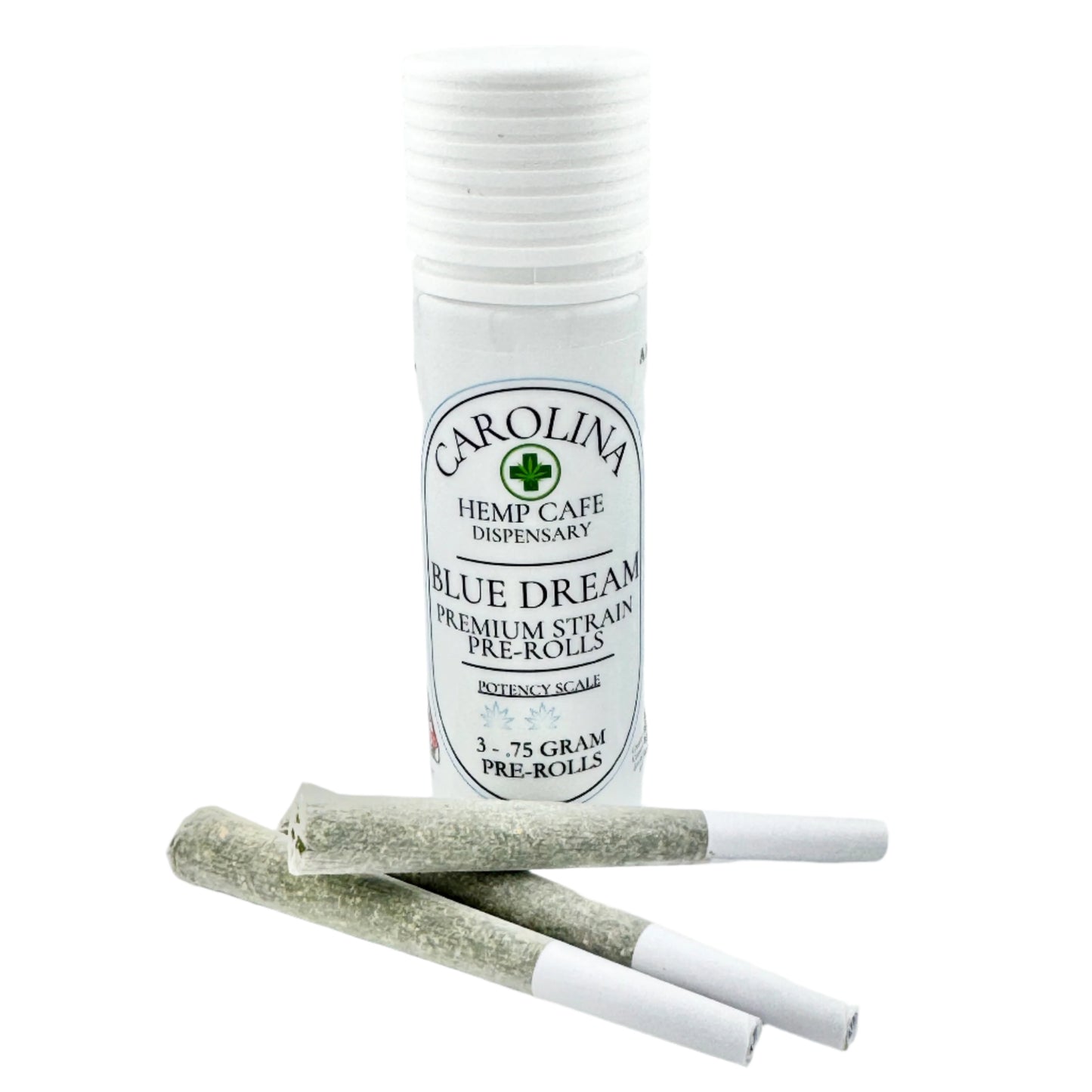 White cylinder Jar by Carolina Hemp Cafe with 3 pre-rolls laying in front of it.  Label says Blue Dream