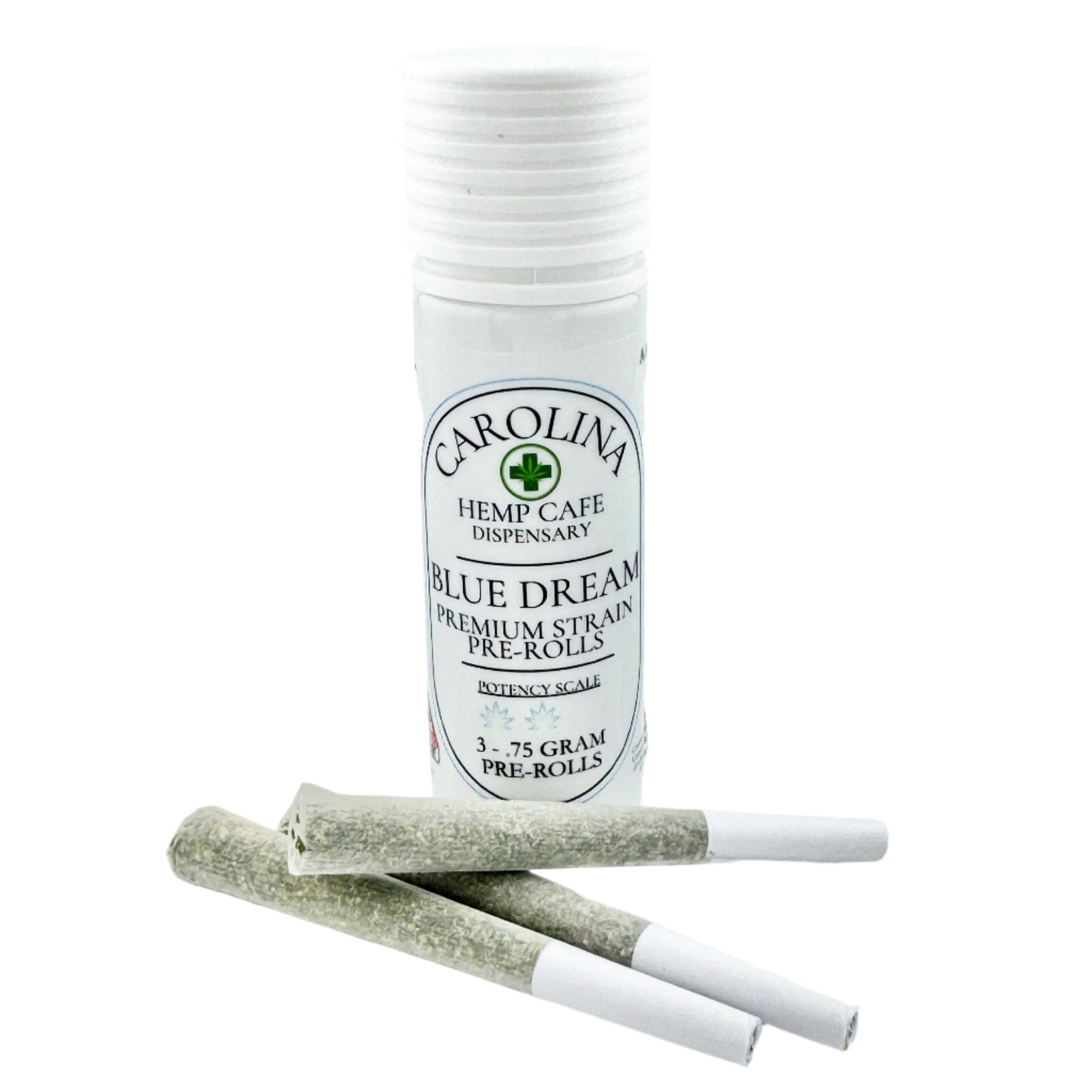 White cylinder Jar by Carolina Hemp Cafe with 3 pre-rolls laying in front of it.  Label says Blue Dream
