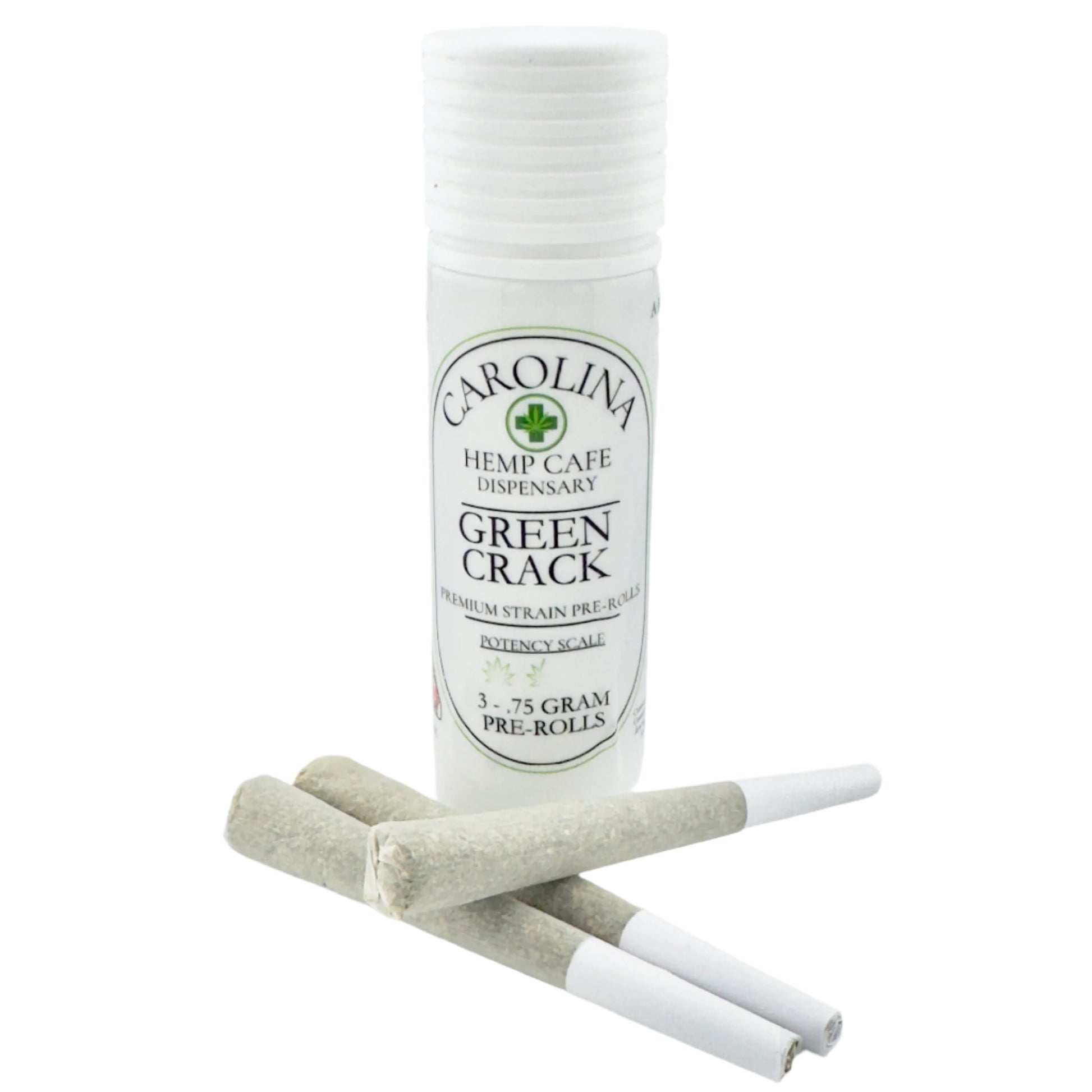 White cylinder Jar by Carolina Hemp Cafe with 3 pre-rolls laying in front of it.  Label says Green Crack