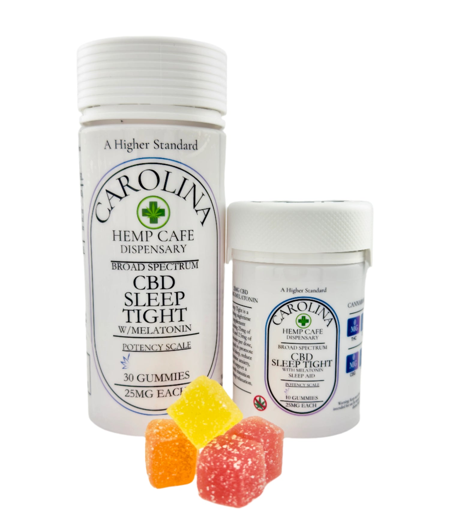 Two bottles of Carolina Hemp Cafe CBD gummies, one labeled as Sleep Tight with 25mg CBD & Melatonin, and the other as 'Carolina's' with a quantity and strength indicated. The image also includes three gummy candies in different colors displayed in front.