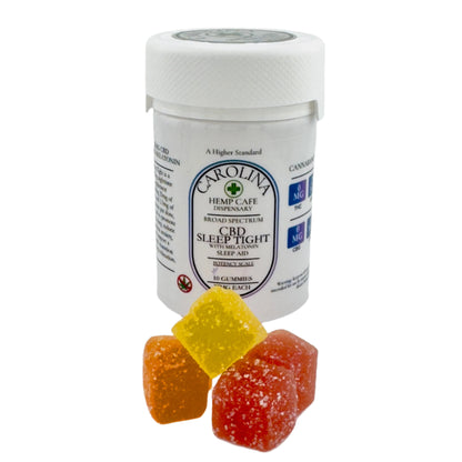 white bottle of Carolina Hemp Cafe CBD gummies, one labeled as Sleep Tight with 25mg CBD & Melatonin, and the other as 'Carolina's' with a quantity and strength indicated. The image also includes three gummy candies in different colors displayed in front.