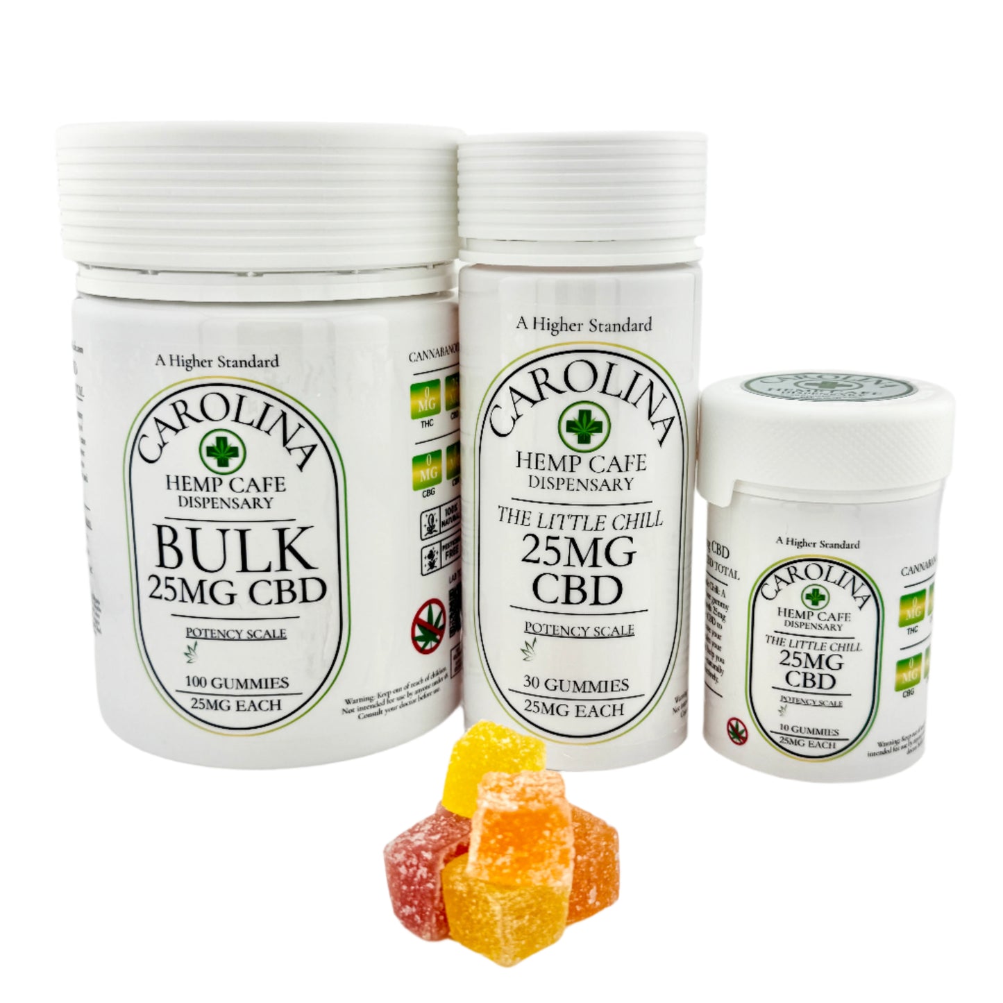 3 white bottles of 25MB CBD Gummies.  From left to right the bottles are largest to smallest with assorted gummy candies displayed in front of them