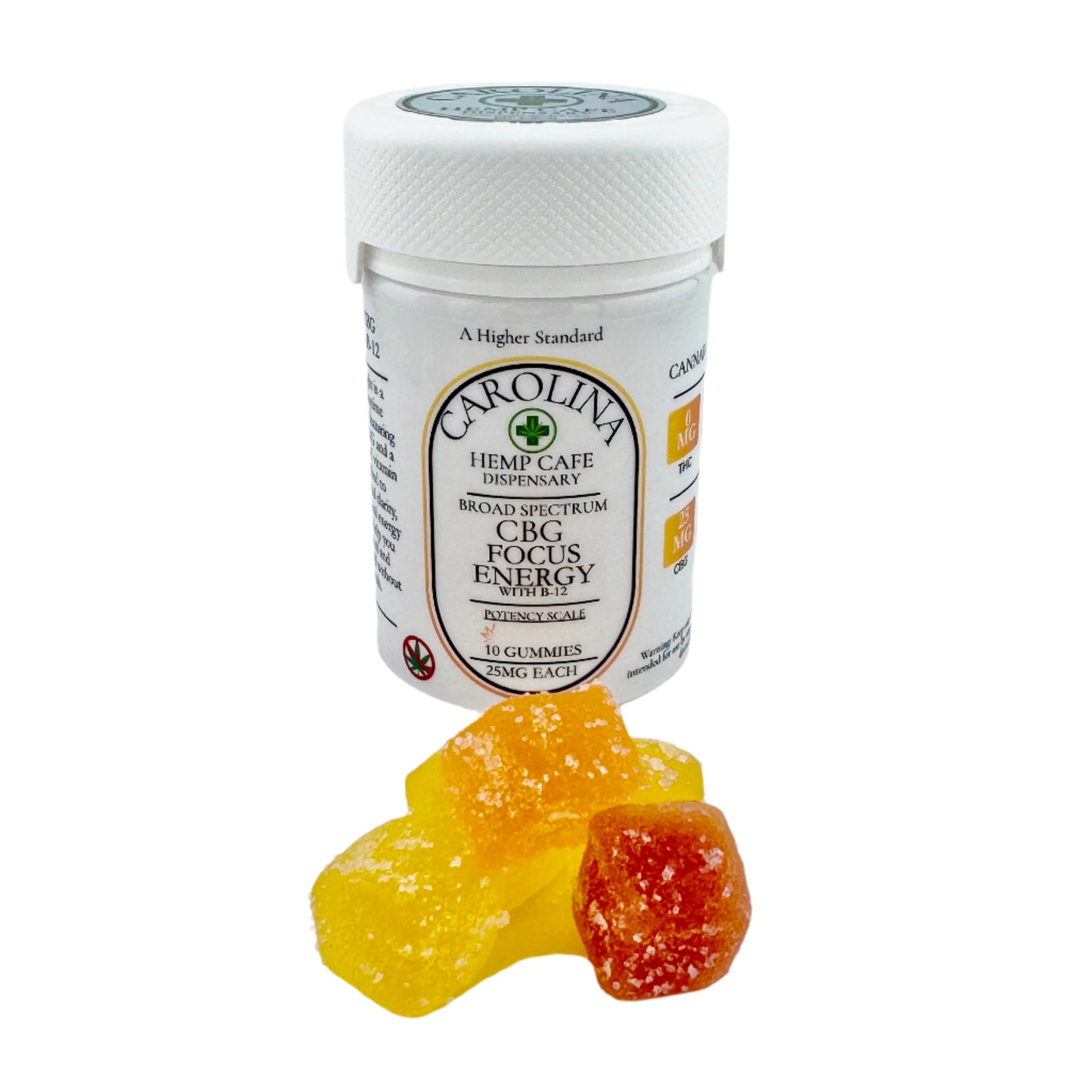 Container of CBG gummies with a few gummies in front on a white background