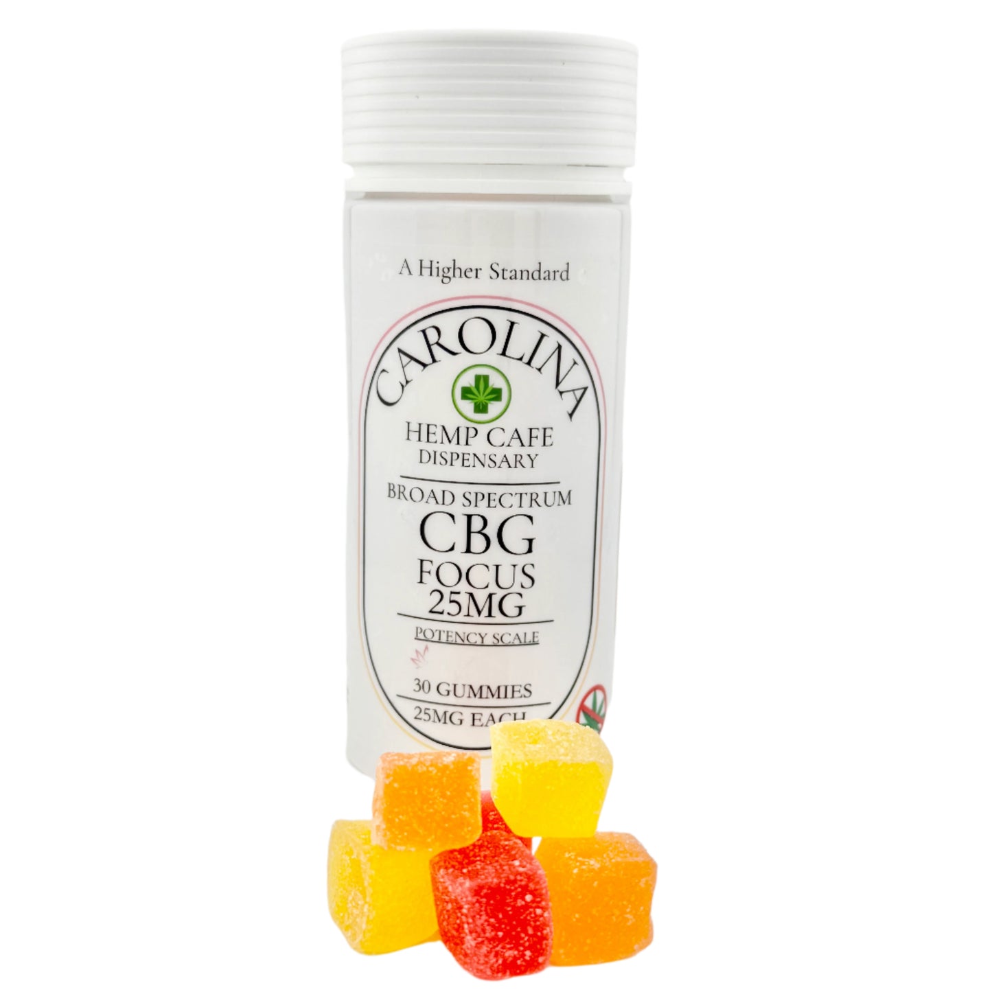 Bottle of CBG gummies with colorful gummies in front on a light background