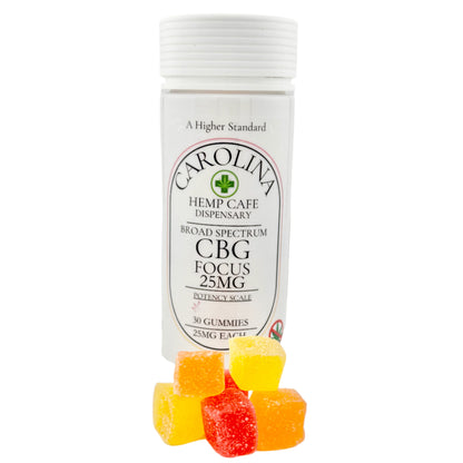 Bottle of CBG gummies with colorful gummies in front on a light background