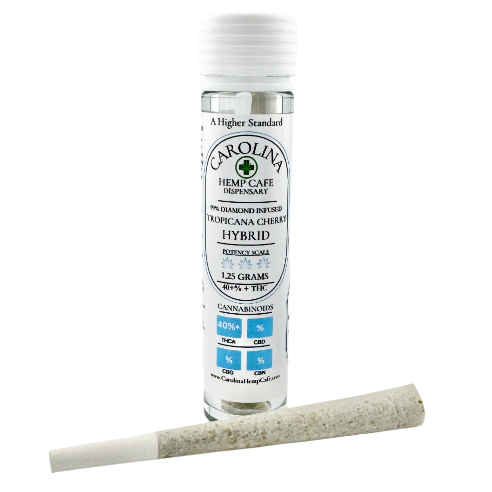 A selection of THCA pre-rolls in glass tubes with labels indicating different cannabis strain names such as Sour Diesel, Blue Dream, and others, along with a rolling paper.