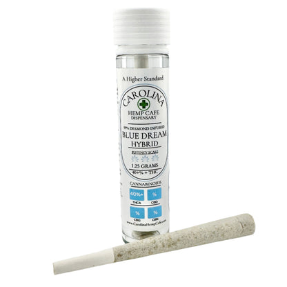 A selection of THCA pre-rolls in glass tubes with labels indicating different cannabis strain names such as Sour Diesel, Blue Dream, and others, along with a rolling paper.