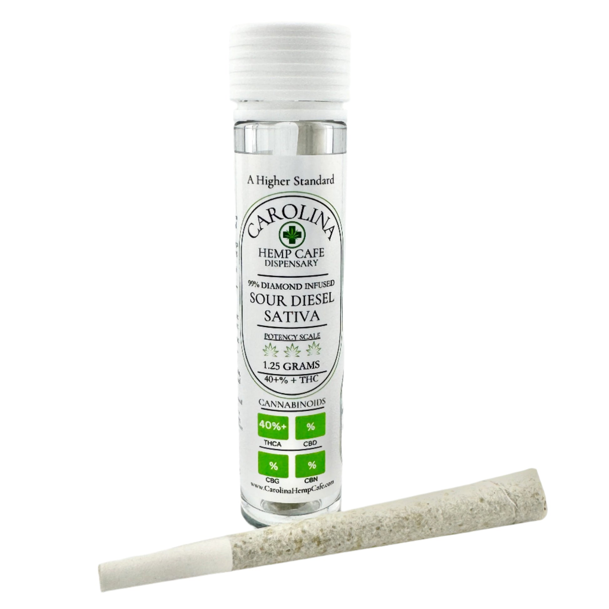 A selection of THCA pre-rolls in glass tubes with labels indicating different cannabis strain names such as Sour Diesel, Blue Dream, and others, along with a rolling paper.