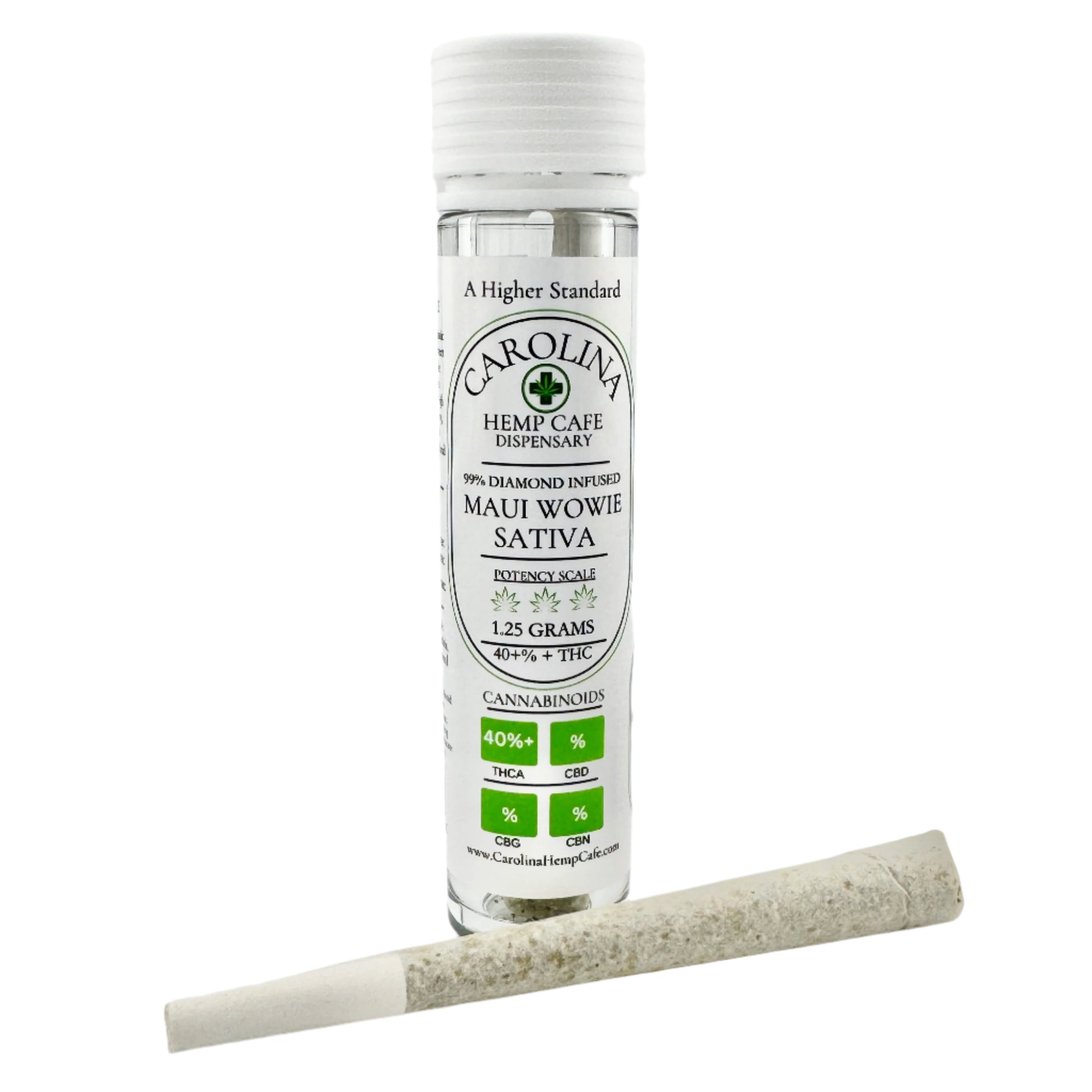 A selection of THCA pre-rolls in glass tubes with labels indicating different cannabis strain names such as Sour Diesel, Blue Dream, and others, along with a rolling paper.