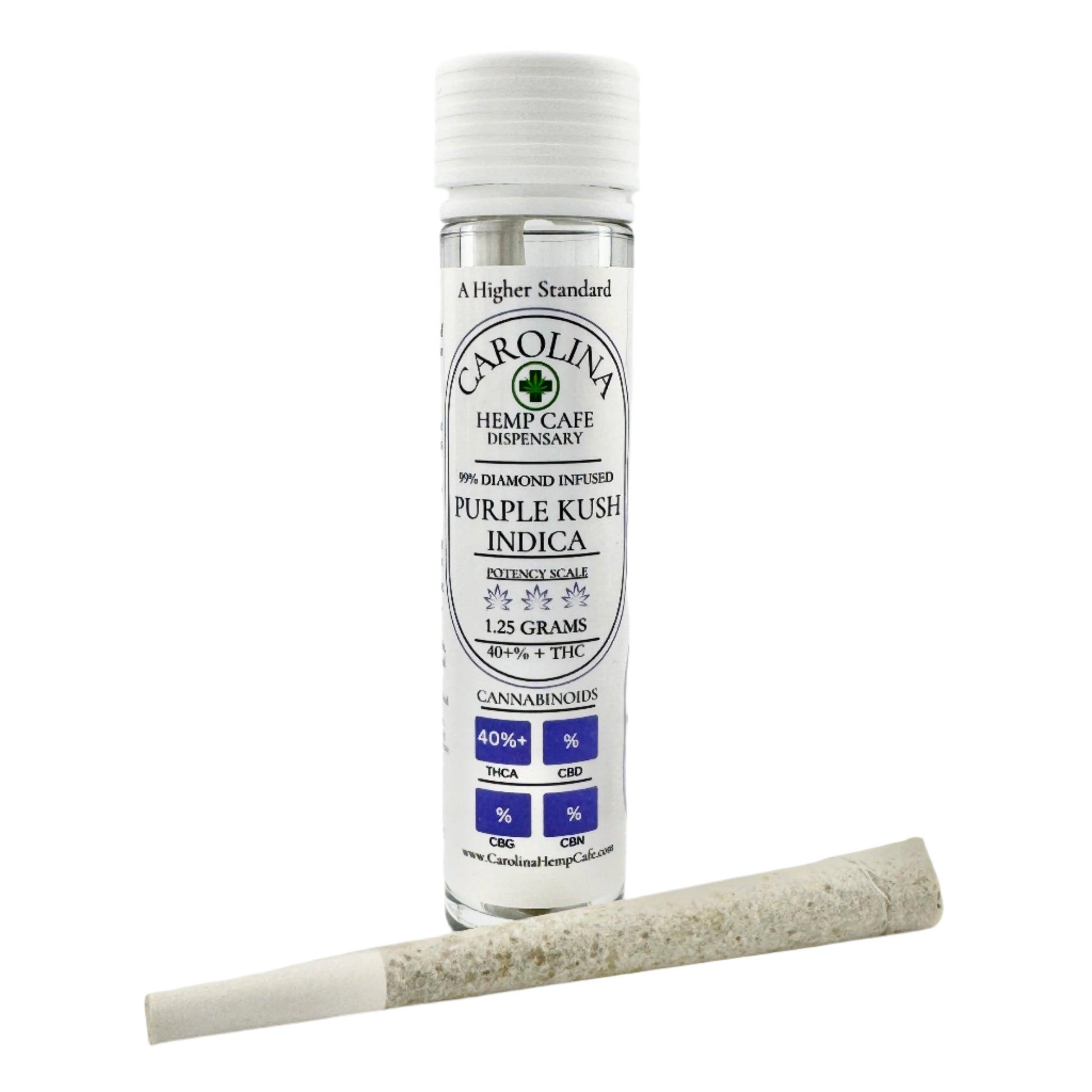 A selection of THCA pre-rolls in glass tubes with labels indicating different cannabis strain names such as Sour Diesel, Blue Dream, and others, along with a rolling paper.