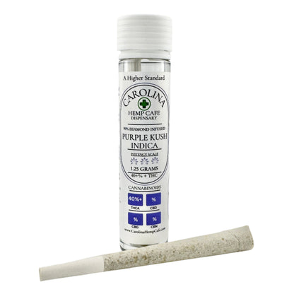 A selection of THCA pre-rolls in glass tubes with labels indicating different cannabis strain names such as Sour Diesel, Blue Dream, and others, along with a rolling paper.