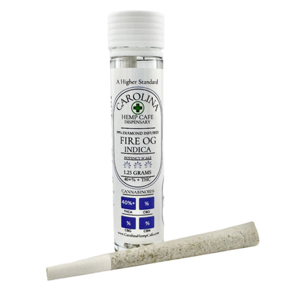 A selection of THCA pre-rolls in glass tubes with labels indicating different cannabis strain names such as Sour Diesel, Blue Dream, and others, along with a rolling paper.