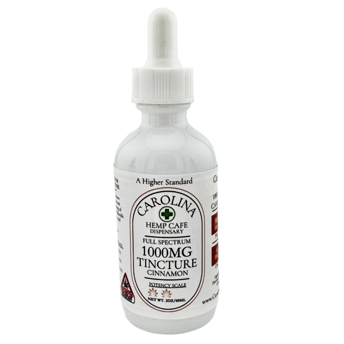 Three bottles of Carolina Hemp Cafe's Full Spectrum THC:CBD Tinctures in different potencies, with dropper caps. The potencies are 400mg Peppermint, 1000mg Cinnamon, and 2000mg Citrus, labeled in white and green packaging.