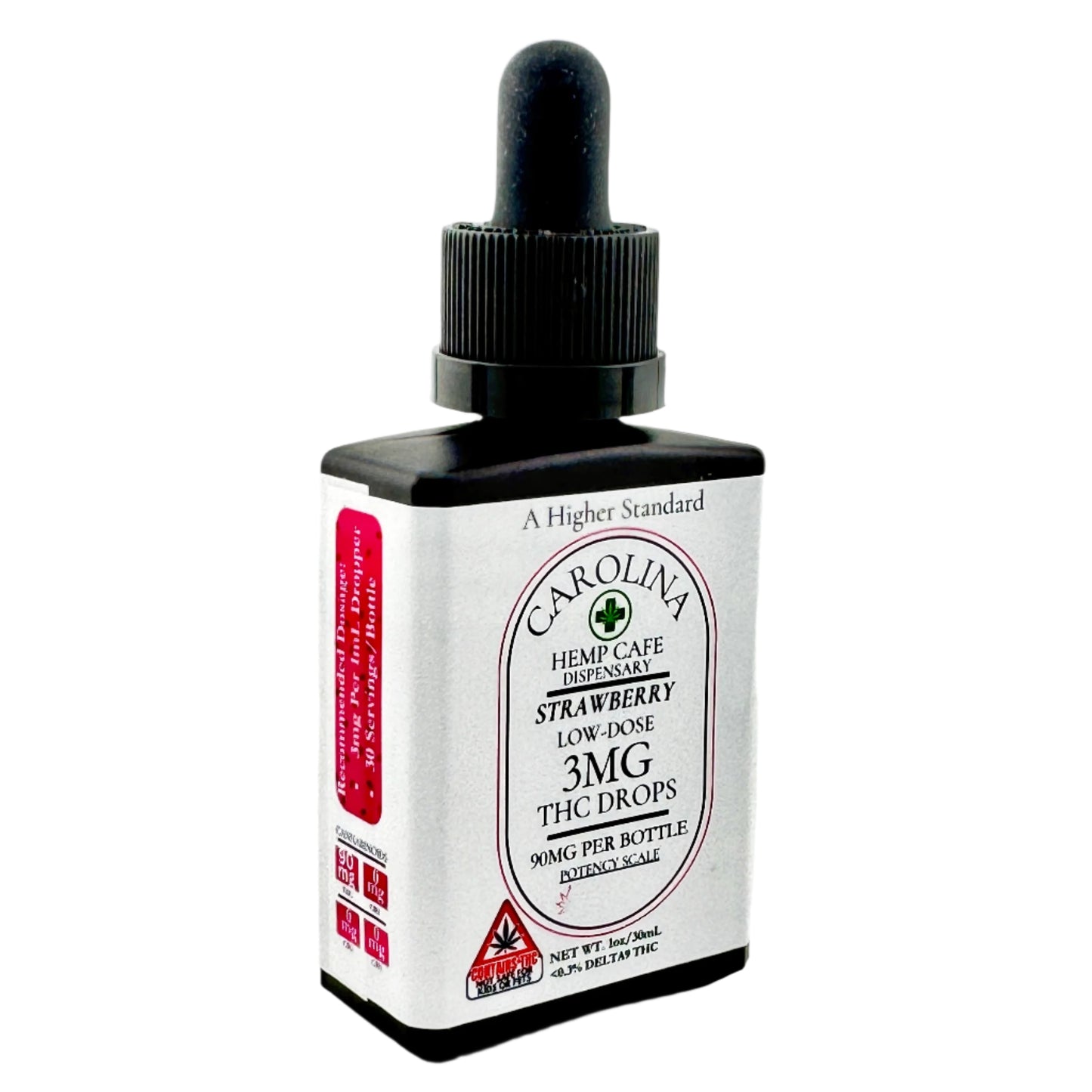 Bottle of strawberry-flavored THC drops on a white background
