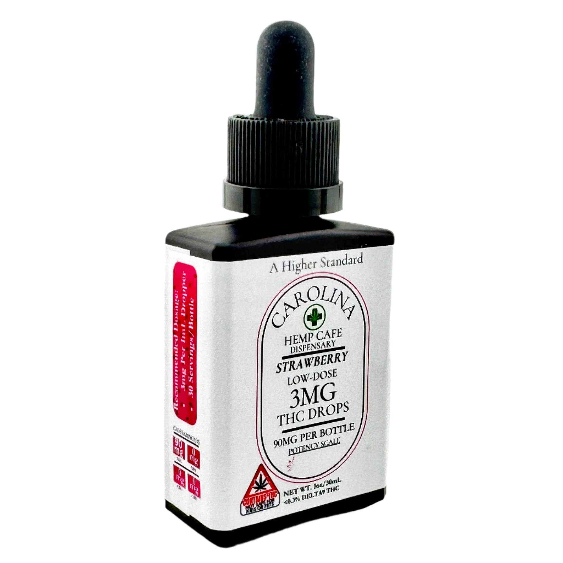 Bottle of strawberry-flavored THC drops on a white background