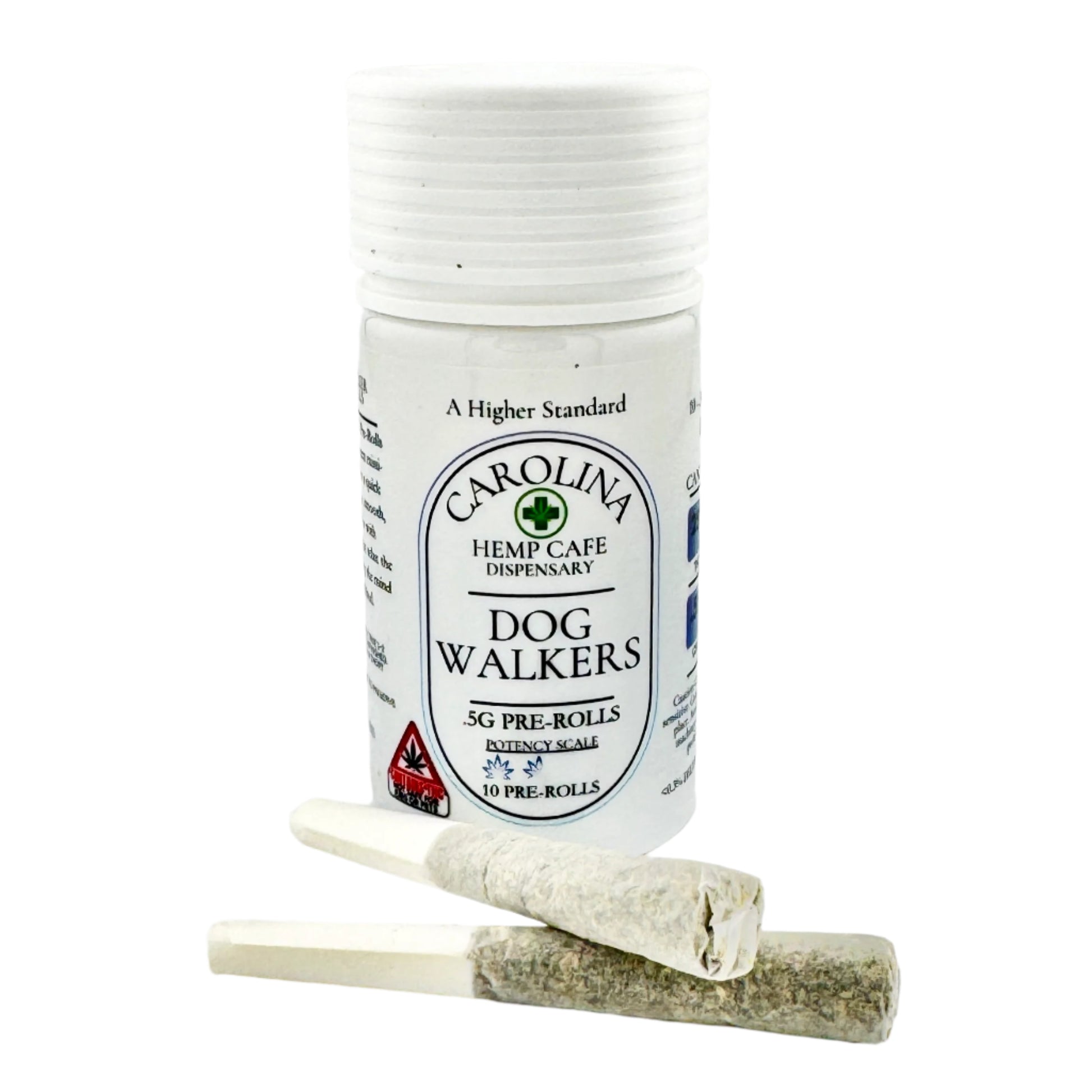 Jar of Carolina Hemp Cafe dispensary pre-rolls with two pre-rolls on a white background