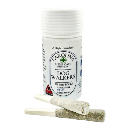 Jar of Carolina Hemp Cafe dispensary pre-rolls with two pre-rolls on a white background