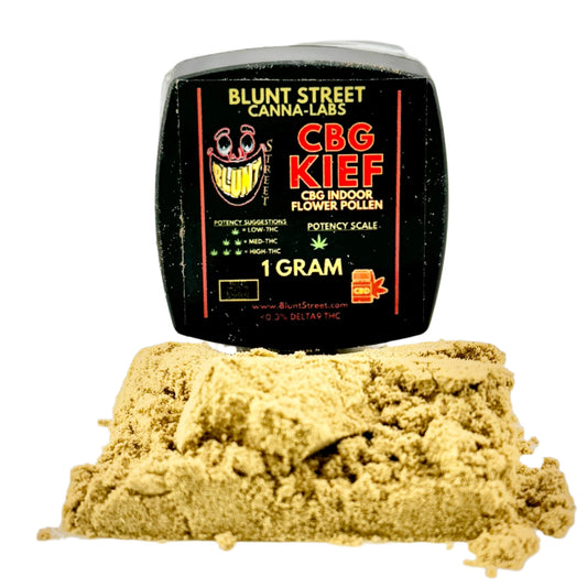 Blunt Street Canna-Labs CBG Kief container with a small amount of CBG Kief on a light background
