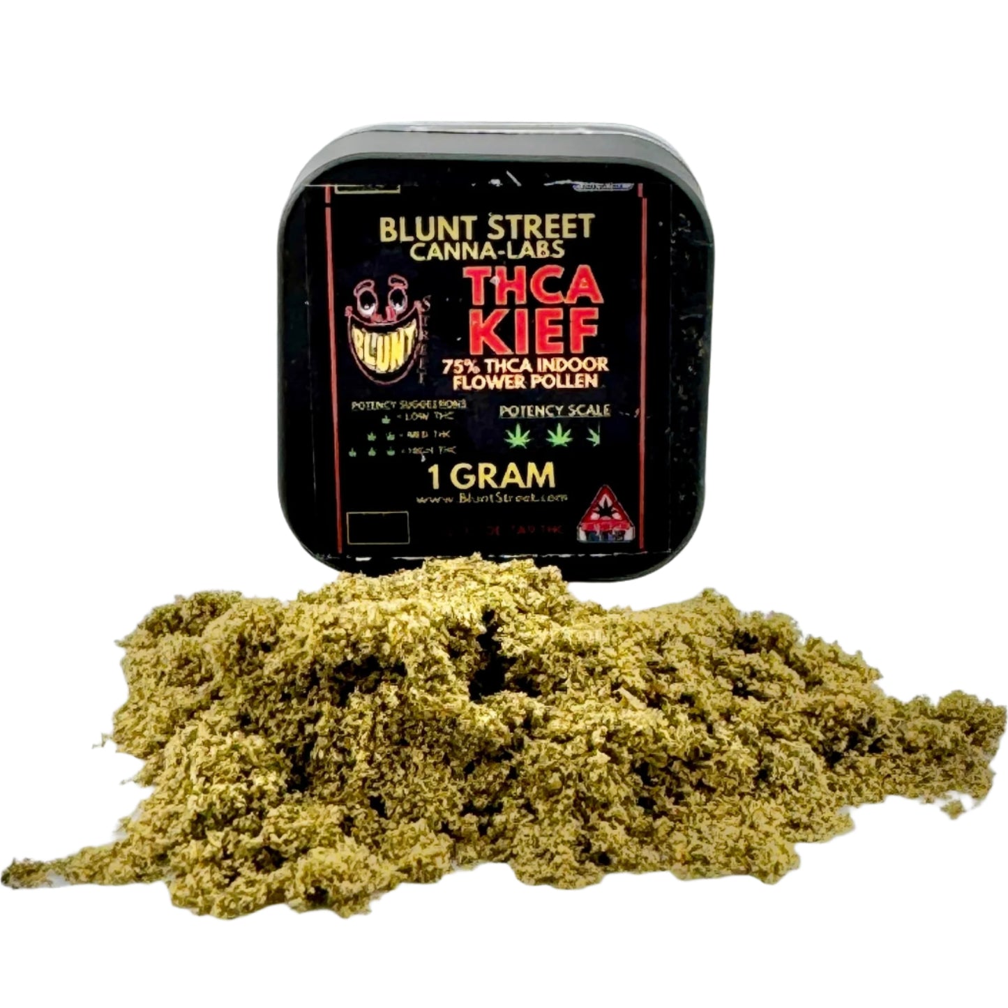 Kief THCA pile in front of black display jar by Blunt Street Canna-labs