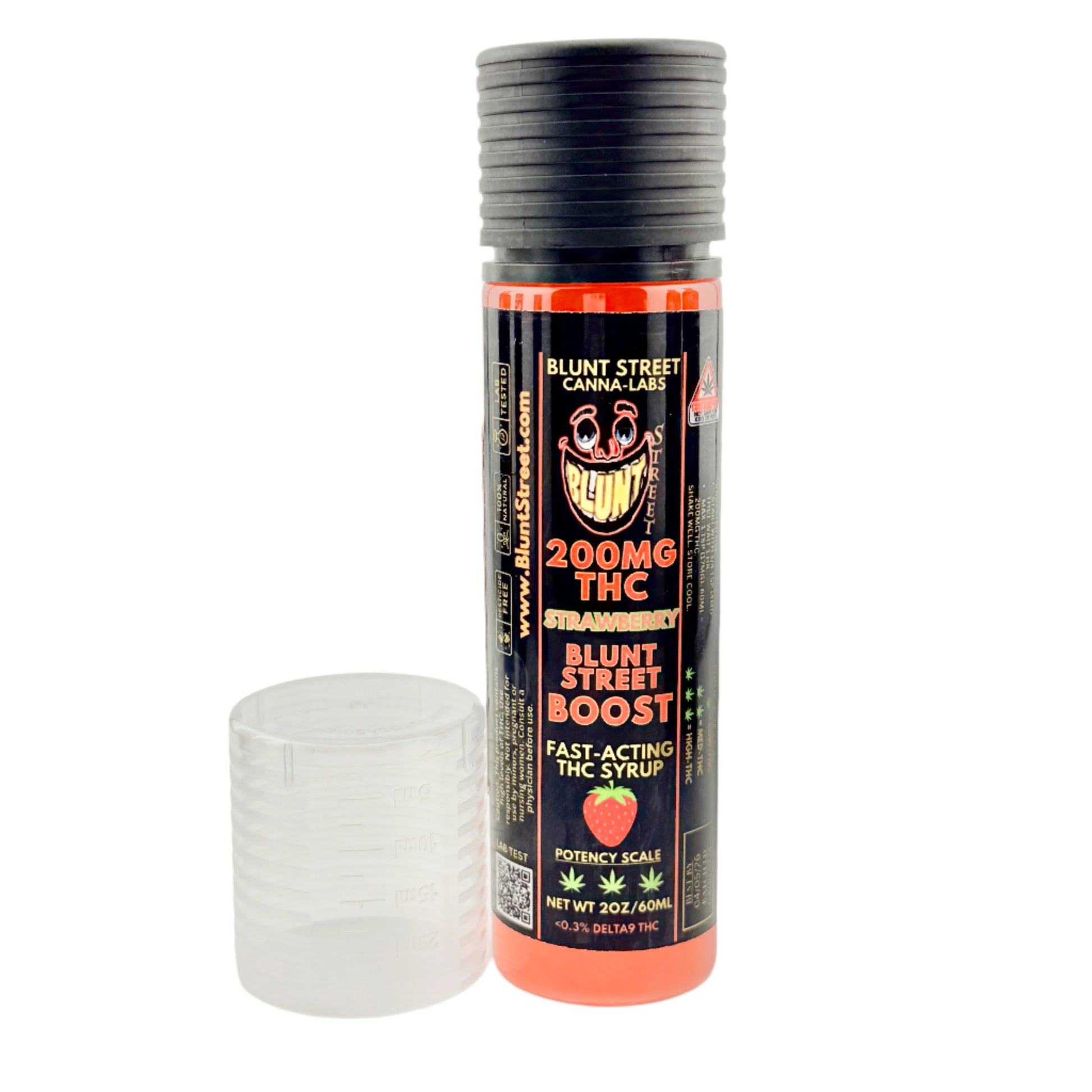 Blunt Street Canna Labs Strawberry Boost THC syrup bottle on a light gray background