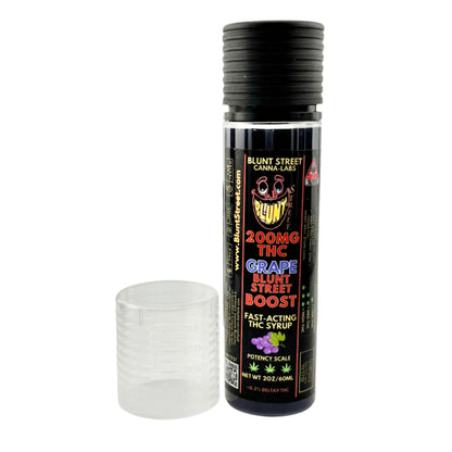 Black Boost THC 200mg cylindrical container with colorful label on a white background