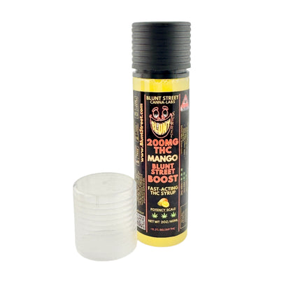 Blunt Street Boost vape pen with mango flavor on a white background