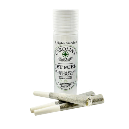 Carolina Hemp Cafe Dispensary pre-rolled joints with a packaging tube on a white background