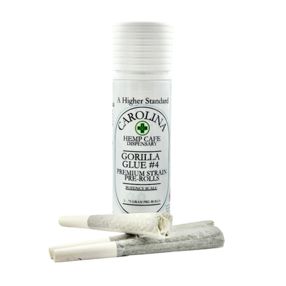 Carolina Hemp Cafe Gorilla Glue #4 pre-rolls with packaging on a white background