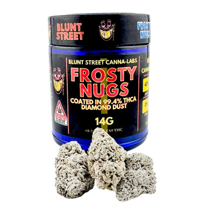 Container of Blunt Street Canna-Labs Frosty Nugs with two nugs in front on a white background