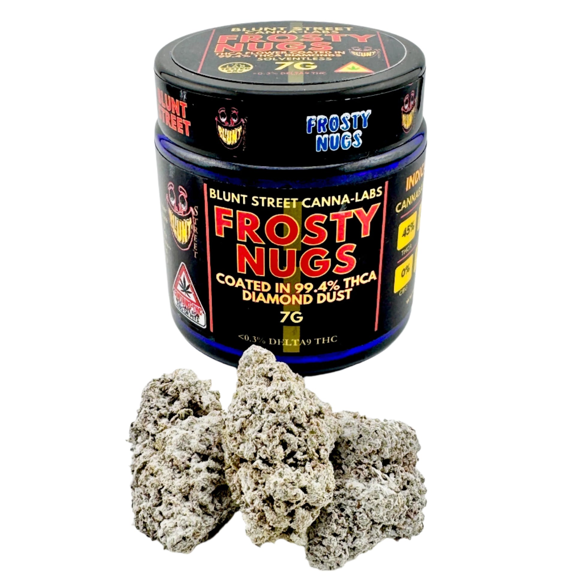 Jar of 'Frosty Nugs' with some of the product on a white background