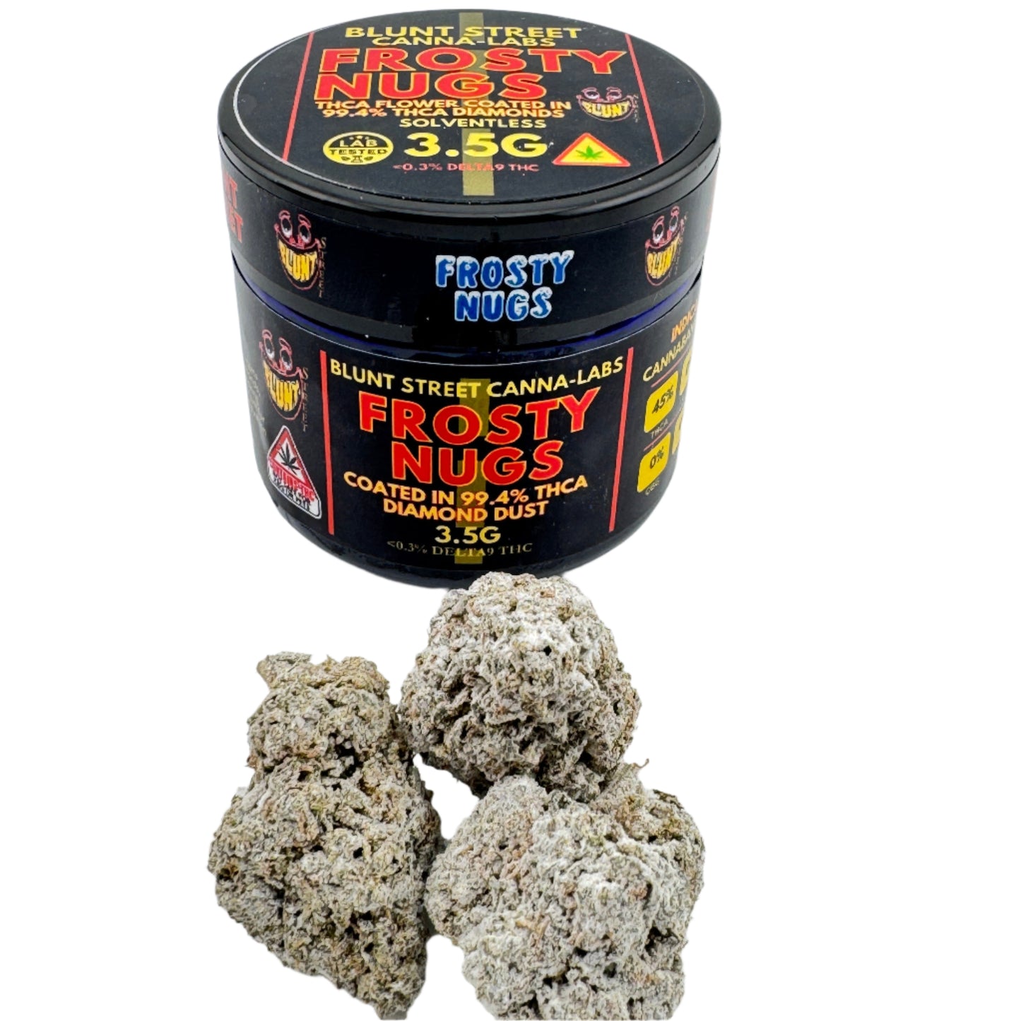 Container of Frosty Nugs cannabis product on a white background