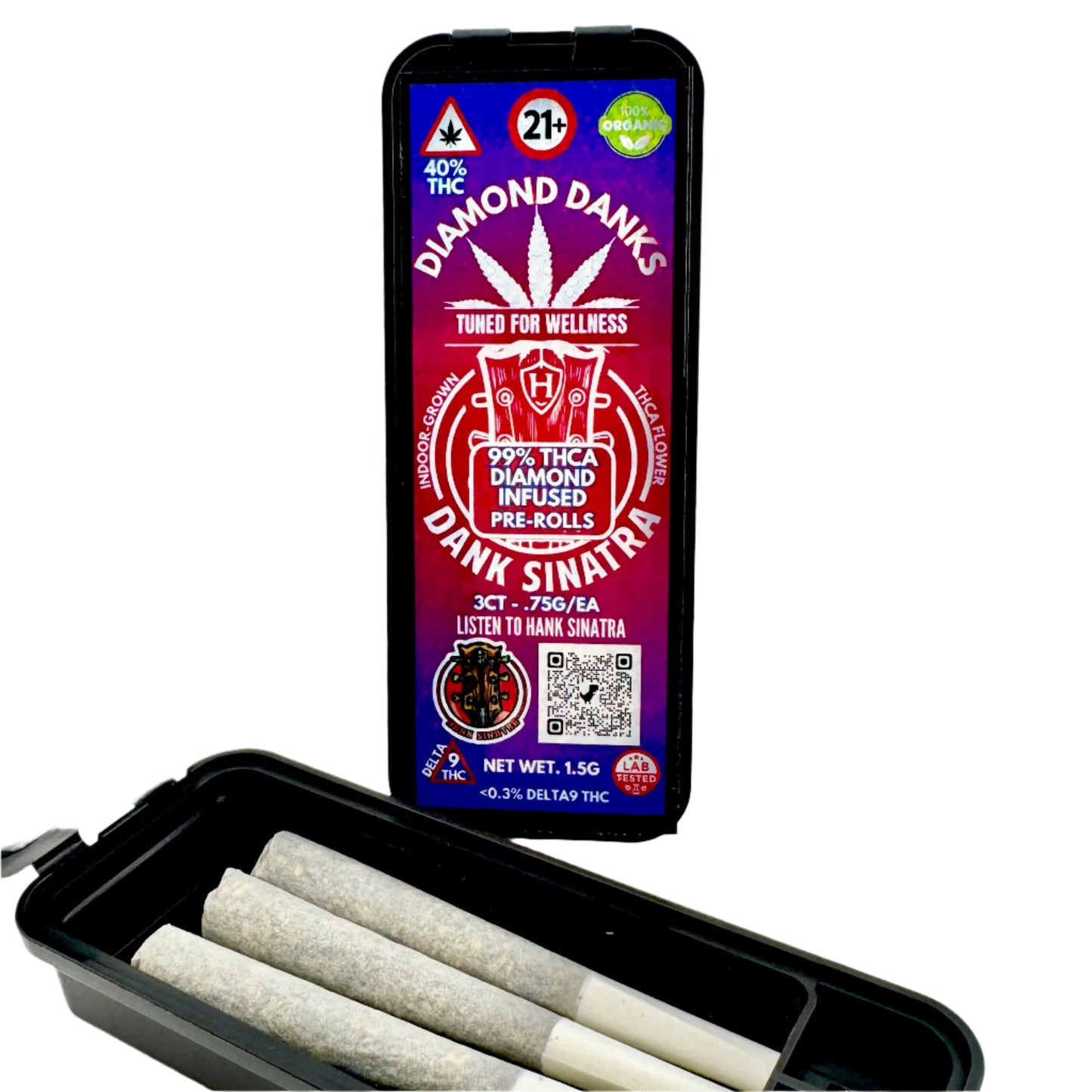Diamond Danks pre-rolls packaging with a phone overlay on a white background