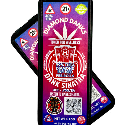 Diamond Danks pre-roll packaging with colorful design and text on a gray background