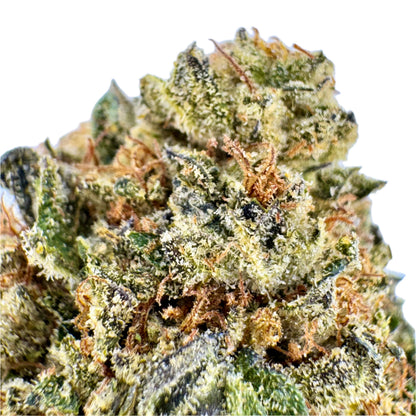 Close-up of a cannabis bud with a clear blue sky background
