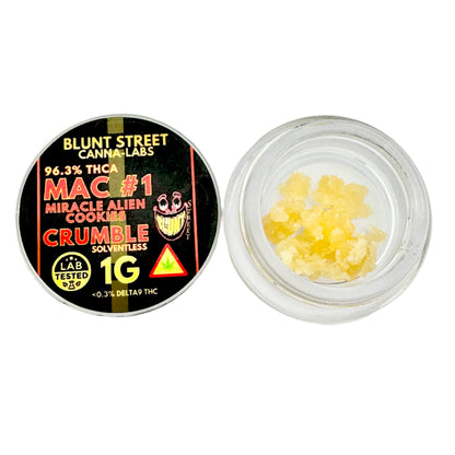 Jar of cannabis concentrate with Blunt Street Canna-Labs label on a white background