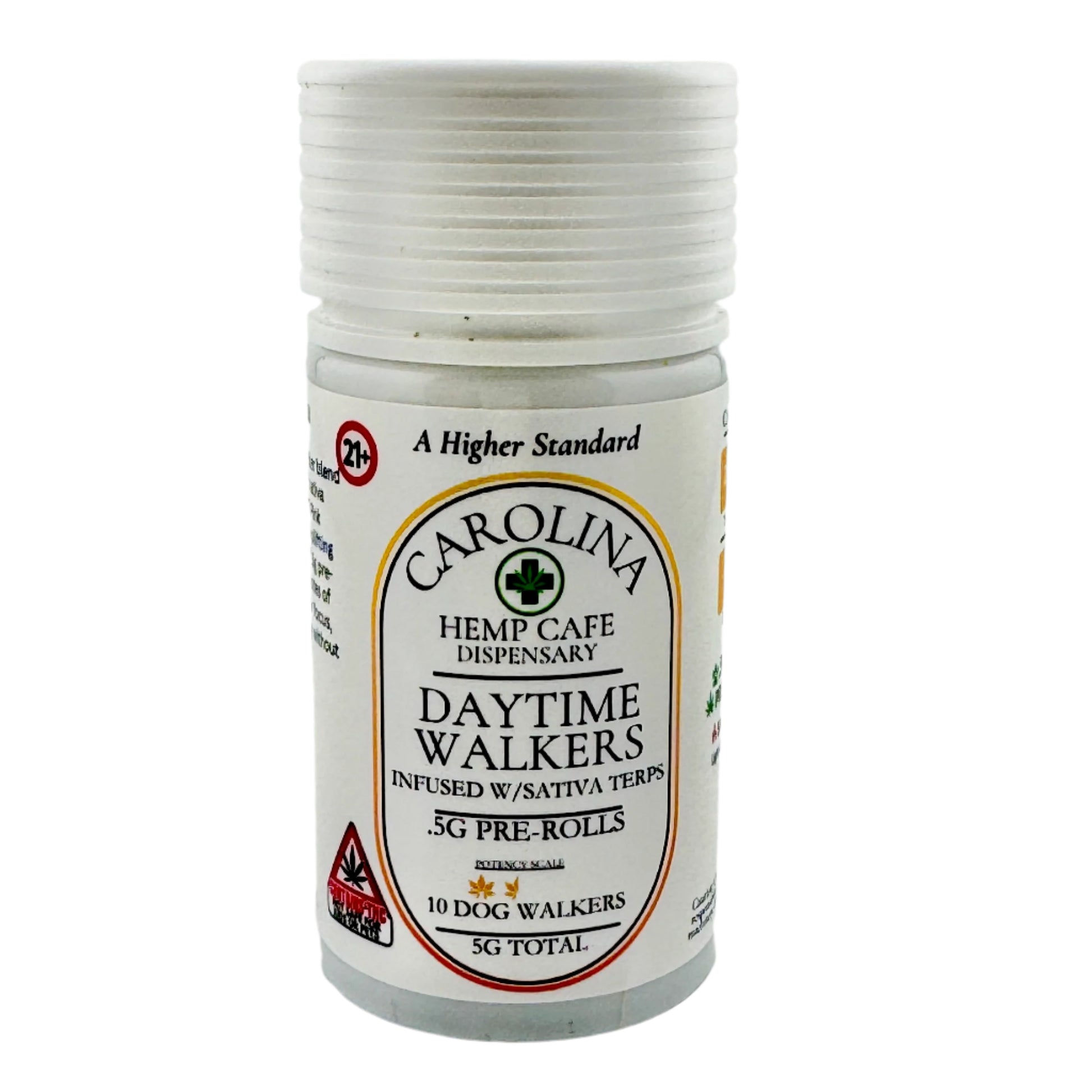 White container labeled 'Carolina Hemp Cafe Dispensary Daytime Walkers' on a gray background