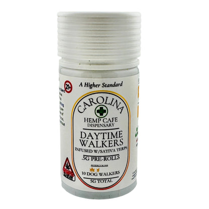 White container labeled 'Carolina Hemp Cafe Dispensary Daytime Walkers' on a gray background