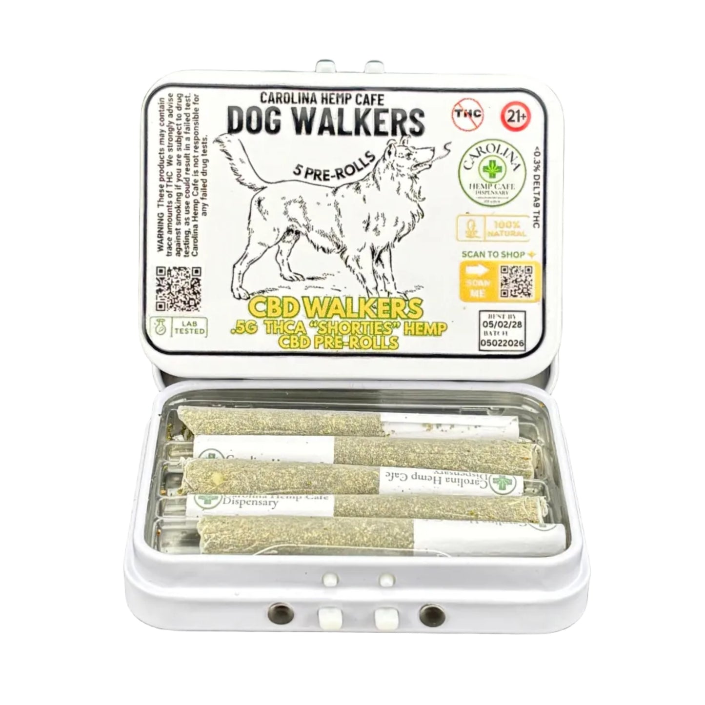 Packaged product with 'Dog Walkers' label on a dark background