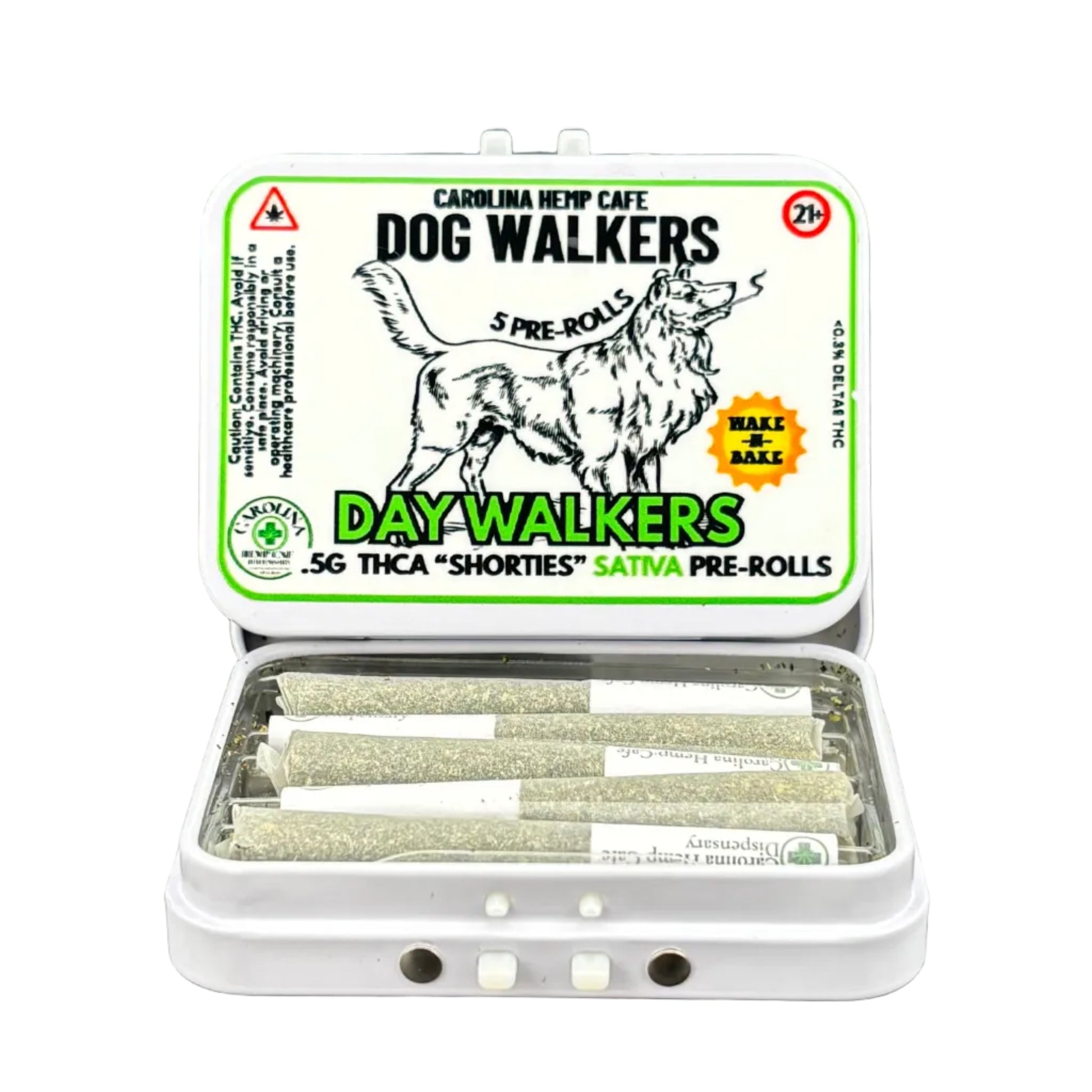 Container of 'Day Walkers' pre-rolled joints with a black background