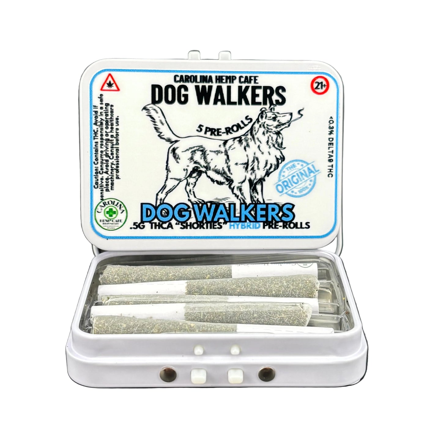 Container of 'Dog Walkers' pre-rolls with a visible brand label on a dark background