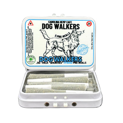 Container of 'Dog Walkers' pre-rolls with a visible brand label on a dark background