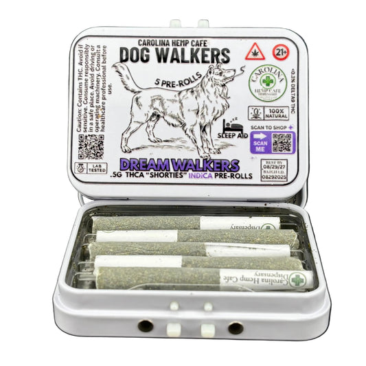 Carolina Hemp Cafe Dog Walkers packaging with pre-rolls inside on a white background
