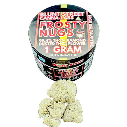 Container of 'Frosty Nugs' with THC content on a gray background